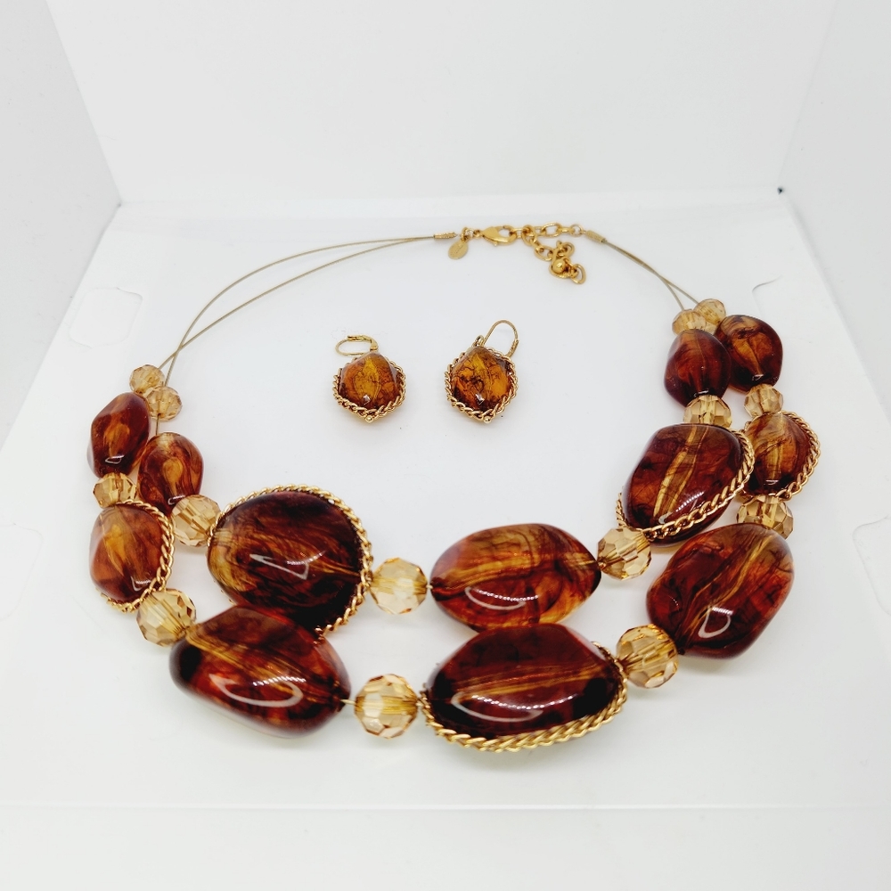 Joan Rivers Chunky Lucite Faux Amber Heavy Statement Necklace And Earring Set - Picture 6 of 11